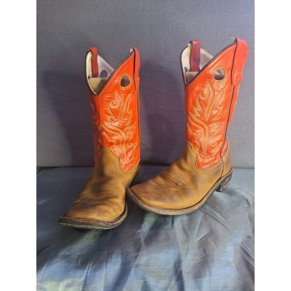 Old West BSY1811 Boys Youth 4 D Square Toe Leather Red Cowboy Western Boots - Picture 2 of 10